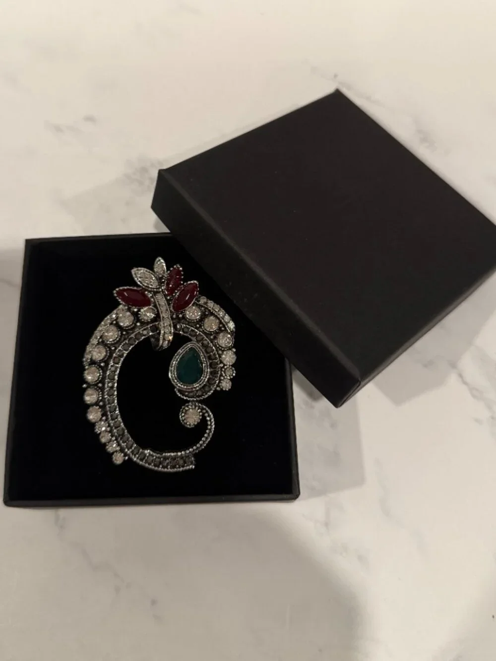Silver Tone Paisley Brooch Red Green Crystal Rhinestone Statement Pin